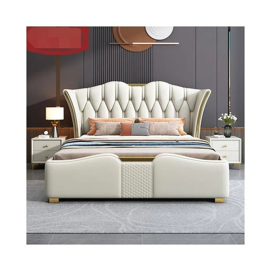 Button tufted leather bed
