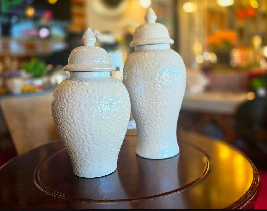 Textured white ginger jar set