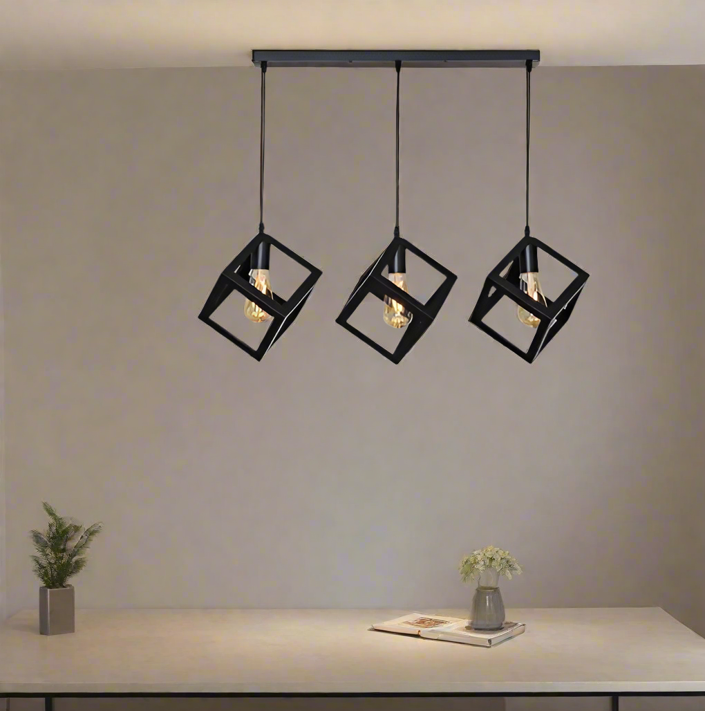 Metal Matte Black Cubes Pendant Light - Row of 03