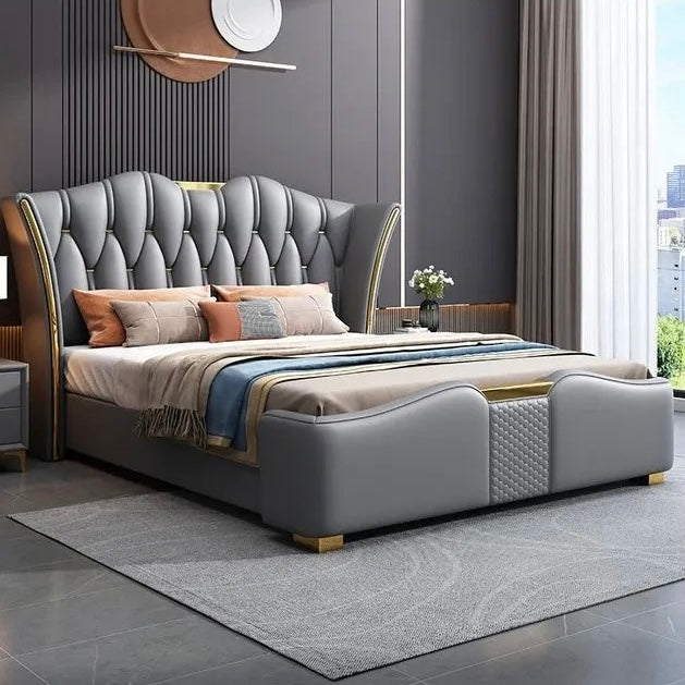Button tufted leather bed