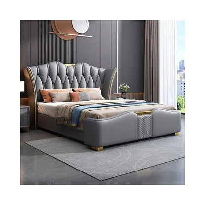 Button tufted leather bed