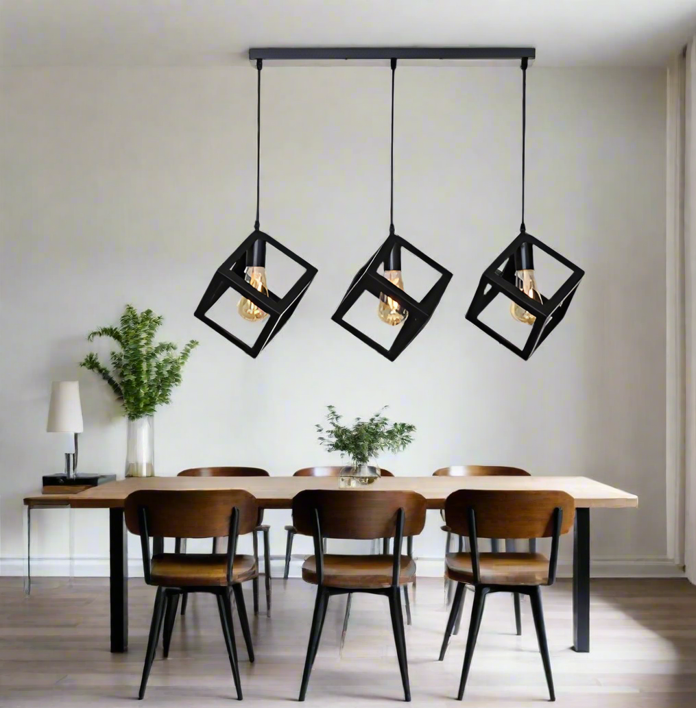 Metal Matte Black Cubes Pendant Light - Row of 03